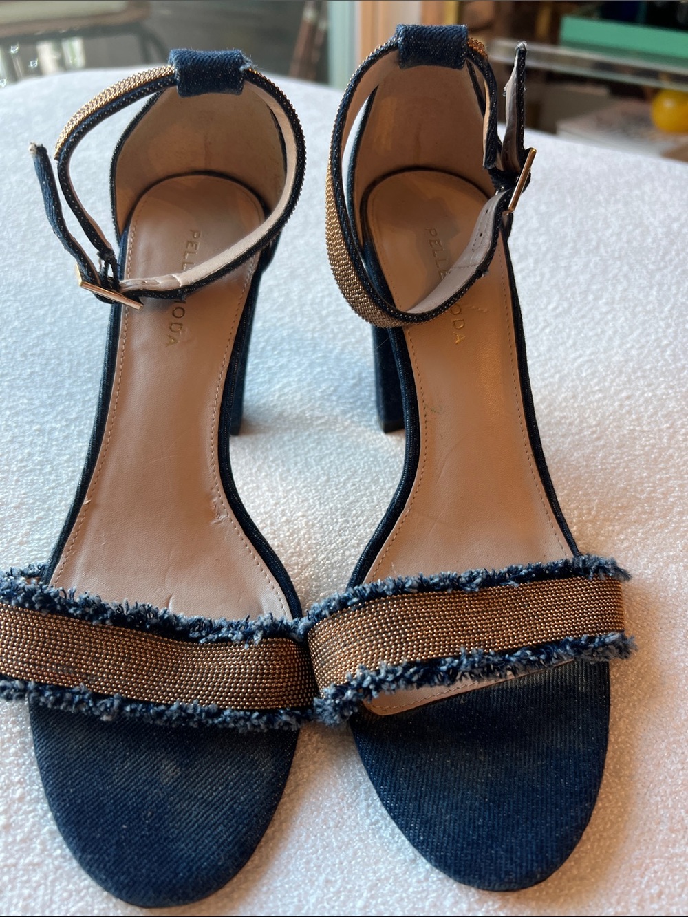 Pelle Moda Navy Denim and Tan Ankle-Strap Block Heels